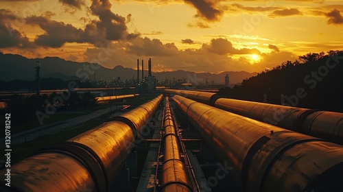 Oil and Gas Pipeline at Sunset in Industrial Landscape