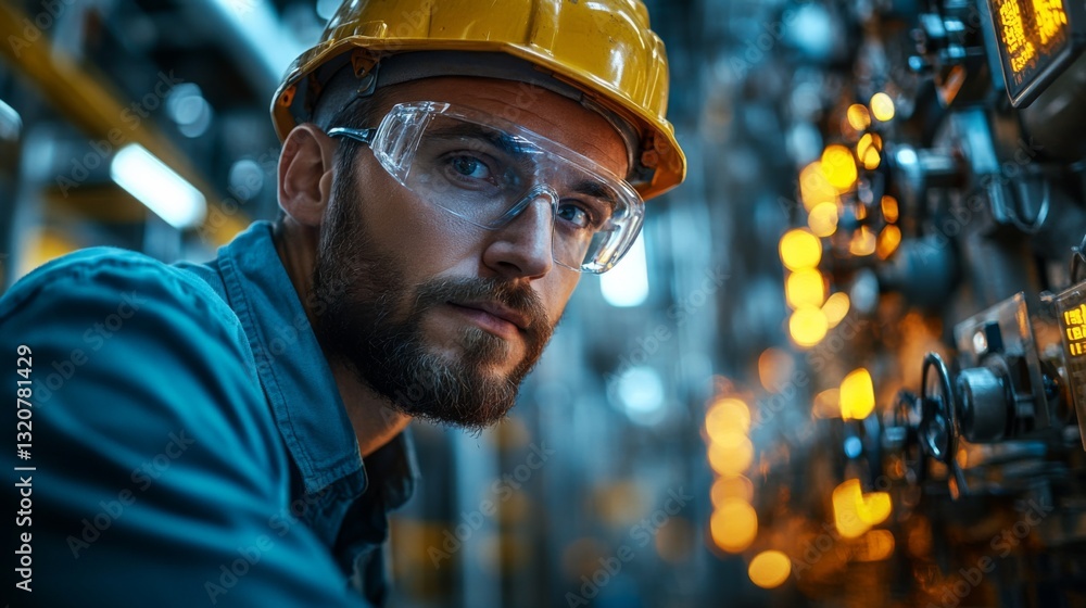 A technician in a hard hat and safety glasses inspects control panels in a petrochemical processing facility. The environment features automation and complex machinery. A technician in a hard hat and safety glasses inspects control panels in a petrochemical processing facility. The environment features automation and complex machinery.
