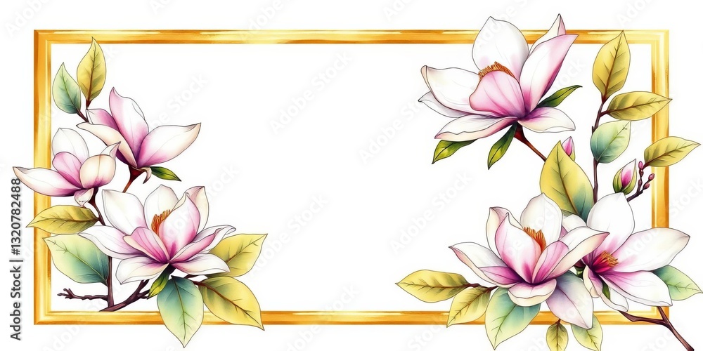 Obraz premium Elegant watercolor golden frame enclosing hand-painted line art magnolia blossoms and leaves, painting, branch