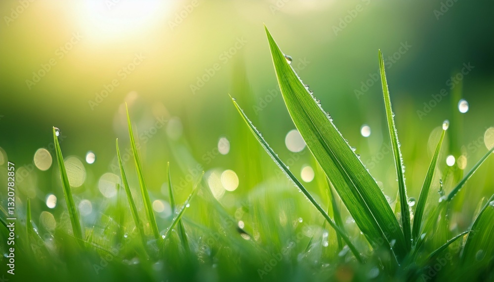 Fototapeta premium close up view of a single vibrant green grass blade glistening with dew drops against a softly blurred green background highlighting nature s beauty and tranquility concept