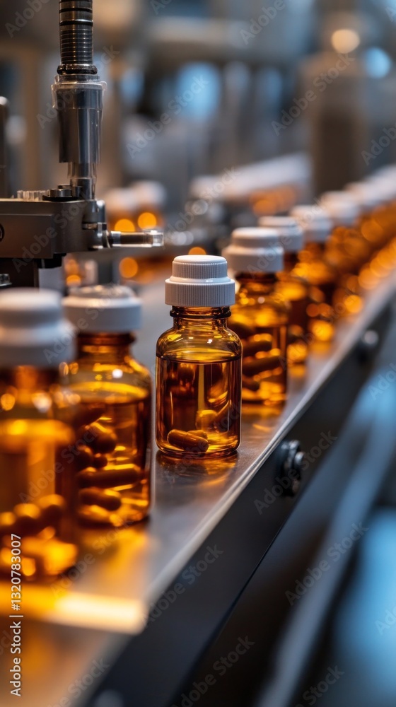 Supplement bottles are being carefully filled with capsules and capped in a clean and sterile production environment, ensuring quality and safety during the process Supplement bottles are being carefully filled with capsules and capped in a clean and sterile production environment, ensuring quality and safety during the process
