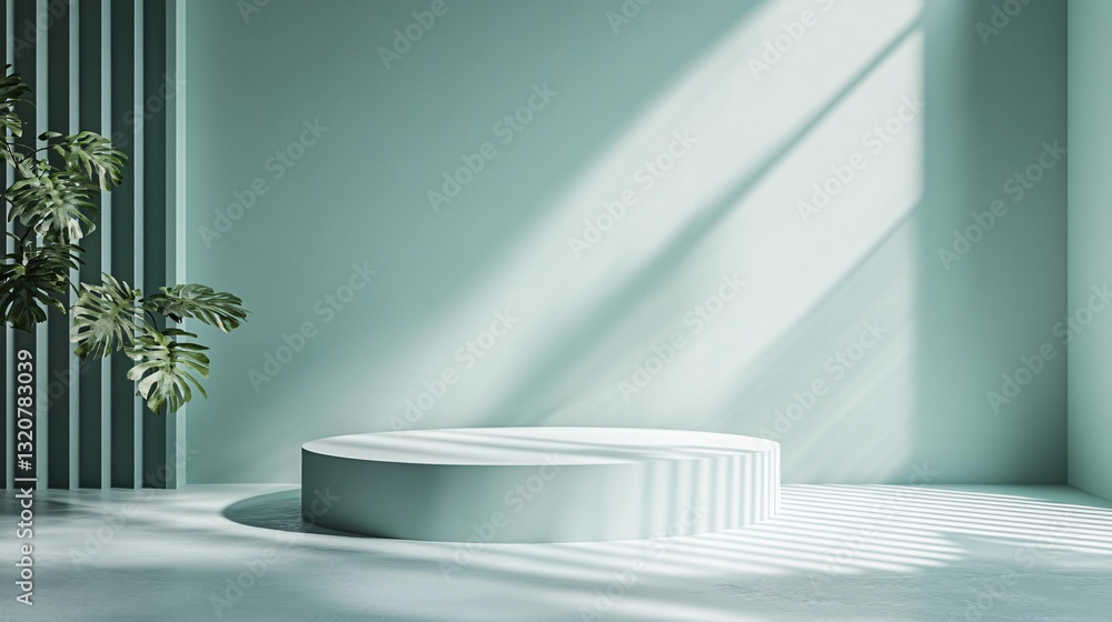 A minimalistic studio room with round pedestal and plant decor A minimalistic studio room with round pedestal and plant decor