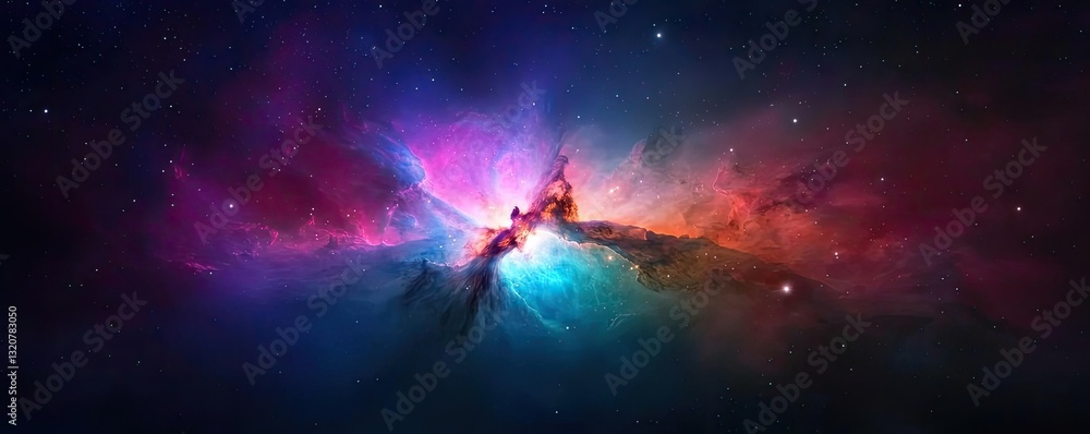 Naklejka premium Dark sky concept. A stunning nebula featuring vibrant colors of cosmic dust and gas in deep space.