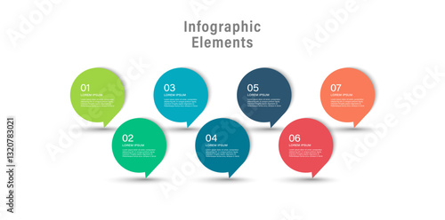 Infographic template with 7 steps or options. Speech bubble infographics