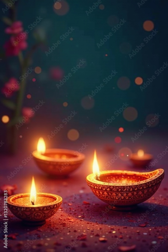 Illuminated Clay Vessels with Glowing Flames, Scattered Petals, and a Dreamlike Background Illuminated Clay Vessels with Glowing Flames, Scattered Petals, and a Dreamlike Background