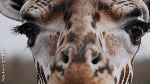 Curious giraffe gazing into camera: closeup of majestic wildlife encounter