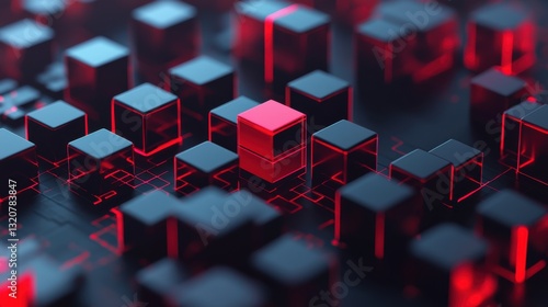 A close-up of black and red cubes, creating a striking contrast on a surface, emphasizing a digital or technological theme.