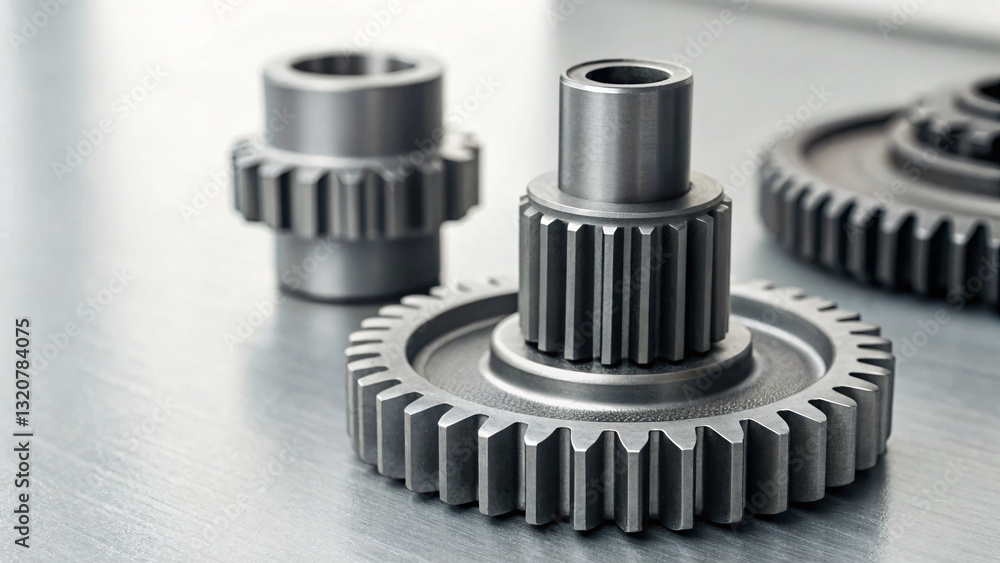 Close-up View of Metallic Gears on a Silver Surface in Industrial Setting Close-up View of Metallic Gears on a Silver Surface in Industrial Setting