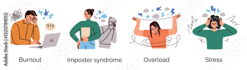 Vector illustration set of people with negative emotions and mental states, compostions of burnout, imposter syndrome, stress, and overload. Flat cartoon characters, astract psychology scenes