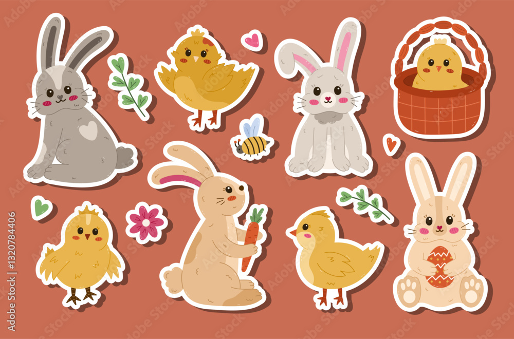 Cartoon spring and Happy Easter sticker set for planners, scrapbook. Ready for print list of cute stickers with clipart of Easter bunny and baby chick in different poses. Childish hand drawn rabbit. Cartoon spring and Happy Easter sticker set for planners, scrapbook. Ready for print list of cute stickers with clipart of Easter bunny and baby chick in different poses. Childish hand drawn rabbit.