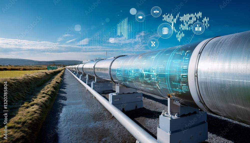 close up of a hydrogen pipeline with digital technology monitoring its flow close up of a hydrogen pipeline with digital technology monitoring its flow