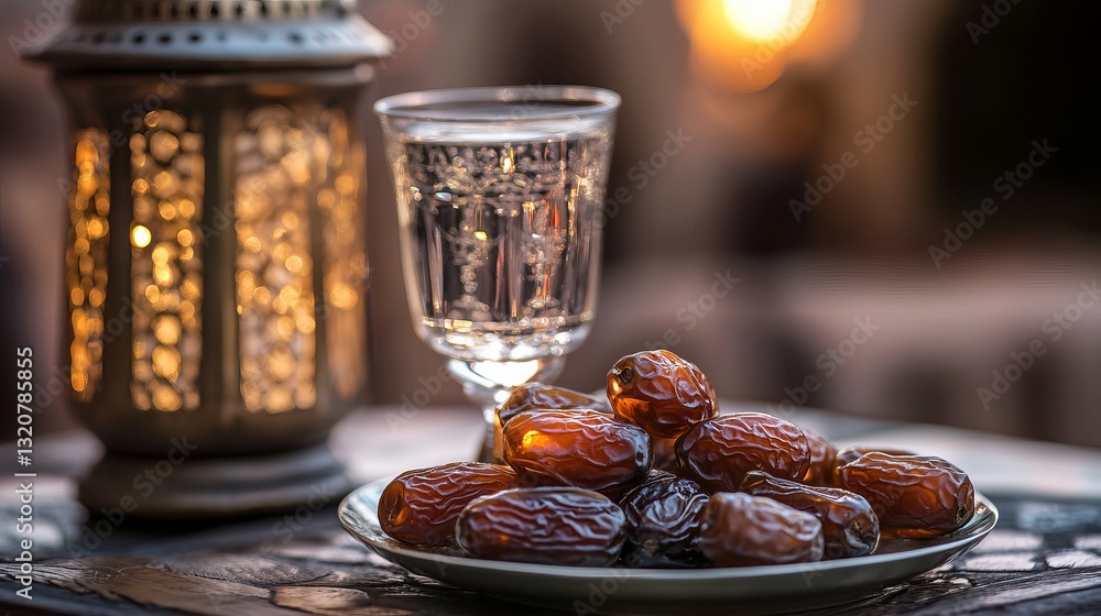 A conceptual image of Ramadan food featuring dates and a glass of water A conceptual image of Ramadan food featuring dates and a glass of water