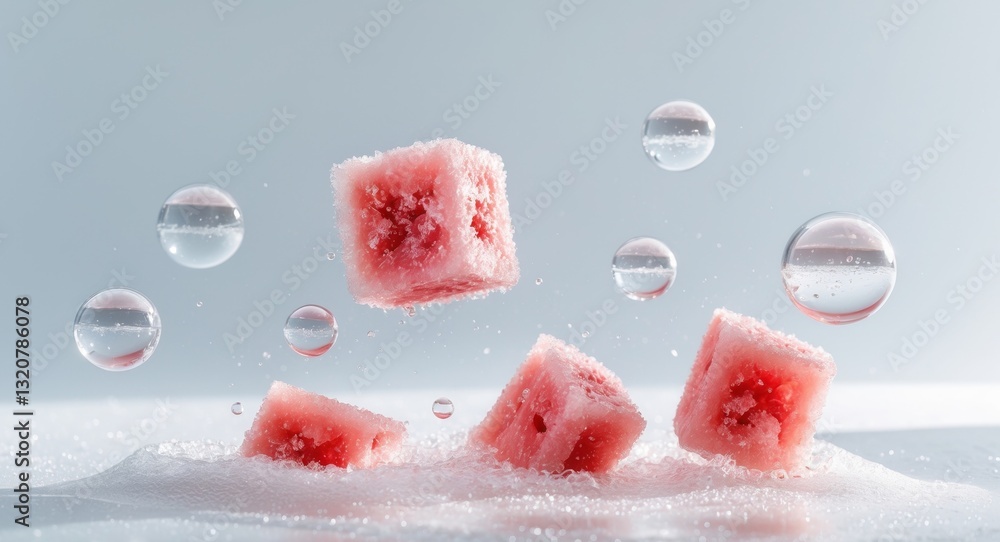 Fototapeta premium Macro Shot of Floating Frozen Watermelon Cubes in Bubbles