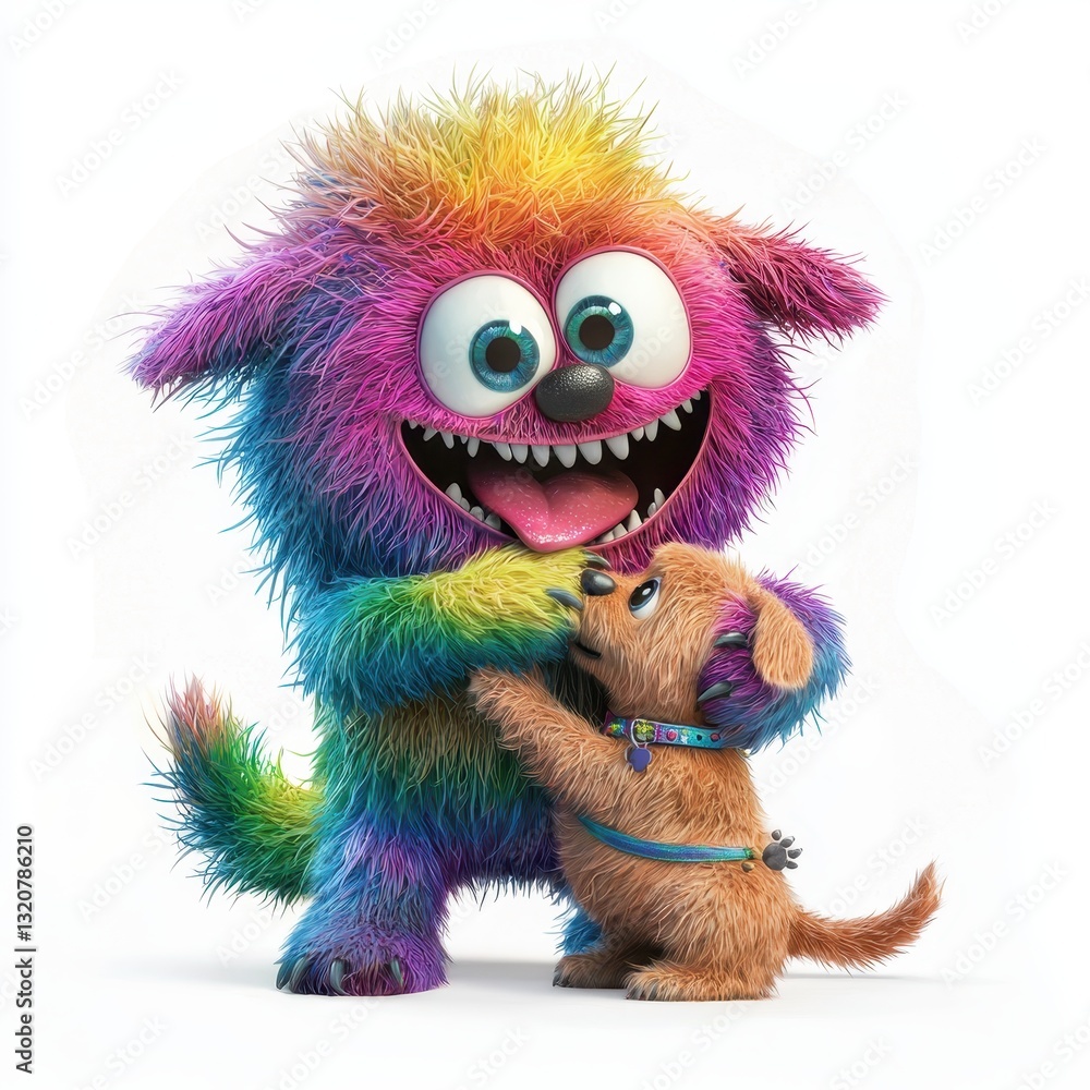 Rainbow Fluffy Monster Joyfully Playing with a Puppy, isolated on clear white background Rainbow Fluffy Monster Joyfully Playing with a Puppy, isolated on clear white background