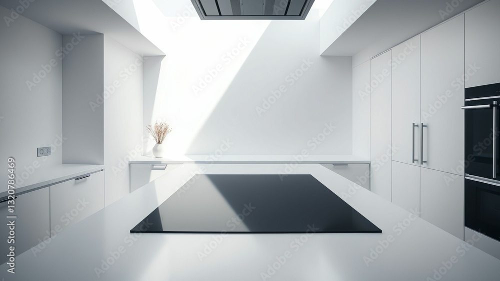 Fototapeta premium Minimalist White Kitchen with Skylight, Modern Appliances, and Sleek Design