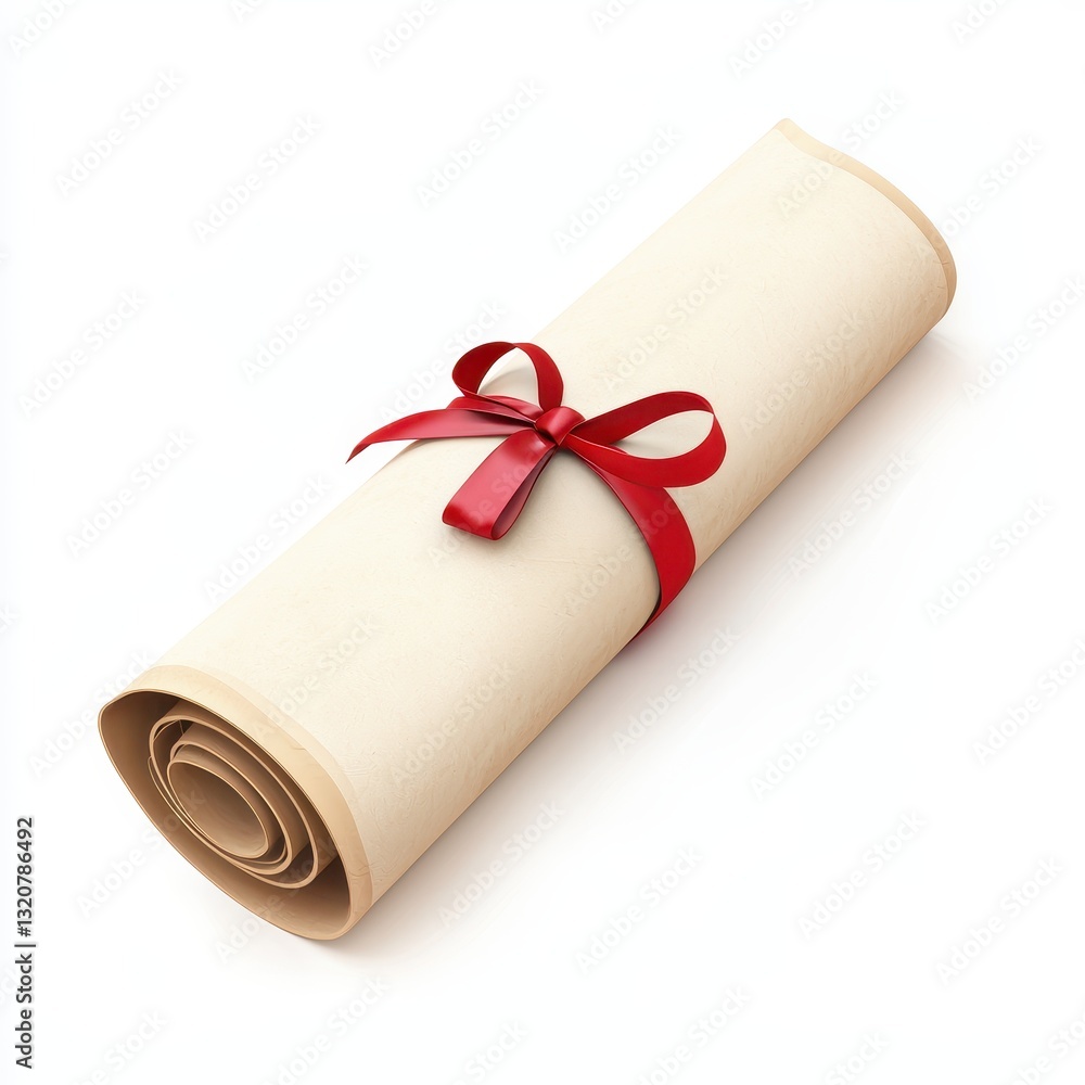 Fototapeta premium Rolled parchment scroll tied with a red ribbon, isolated on clear white background