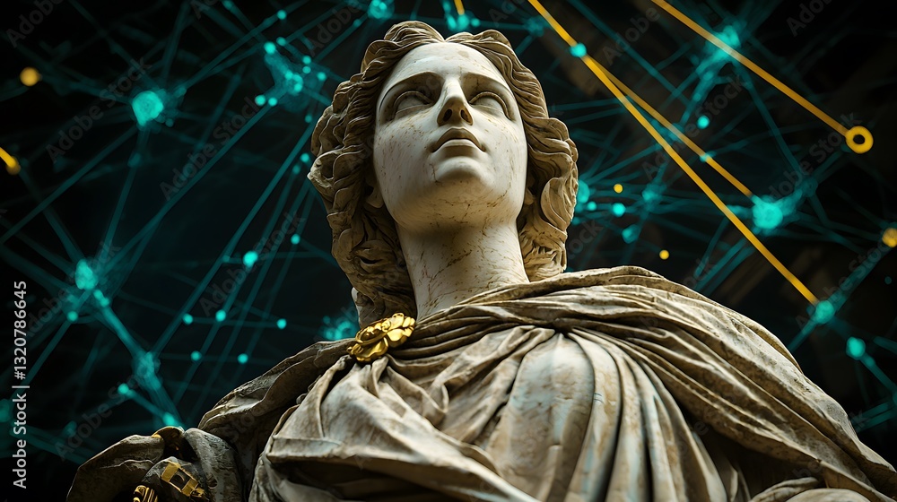 Obraz premium Monumental Statue Represents Justice Urban Environment Art Installation Digital Age Low Angle View