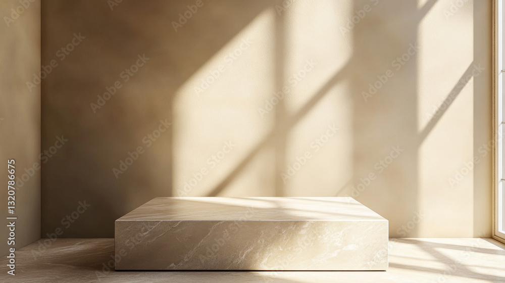 A neutral-toned stone podium set against a soft beige backdrop, highlighted by striking shadow play--ideal for luxury product displays A neutral-toned stone podium set against a soft beige backdrop, highlighted by striking shadow play--ideal for luxury product displays