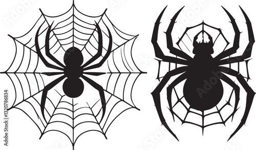 Black Spider Silhouettes with Web – Creepy and Detailed Vector Illustration, spider on a web