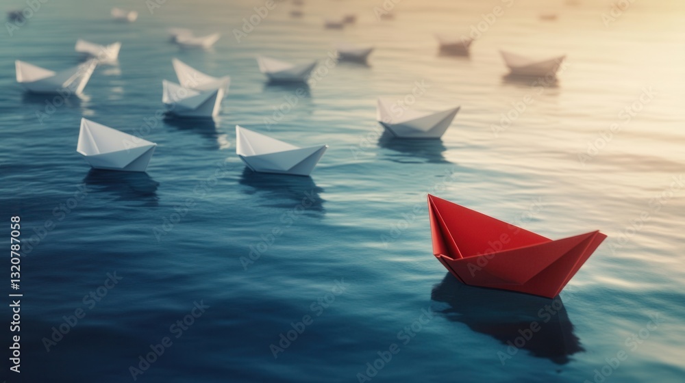 Obraz premium Fleet of white paper boats moving together in ocean with one red boat choosing a different path, illuminated by golden sunrise light
