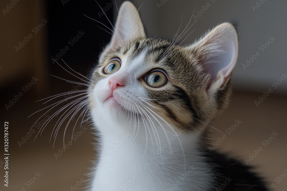 Curious kitten gazing upward with bright eyes and long whiskers in a softly lit environment Curious kitten gazing upward with bright eyes and long whiskers in a softly lit environment