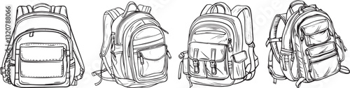 Backpack Sketch Vector Illustration - Set of Four Hand-Drawn Bags