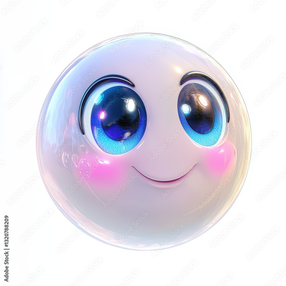 Fototapeta premium Adorable Soap Bubble With Cute Eyes And A Shiny Smile Isolated On White Background