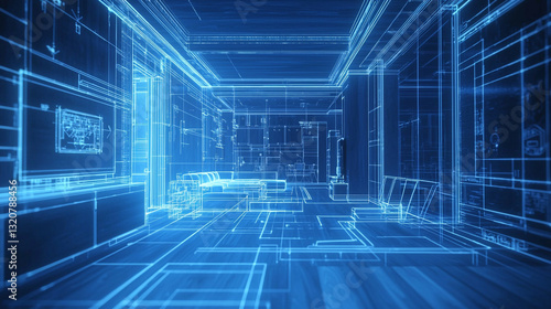 Modern home interior design blueprint digital wireframe living room apartment 3d glow plan model