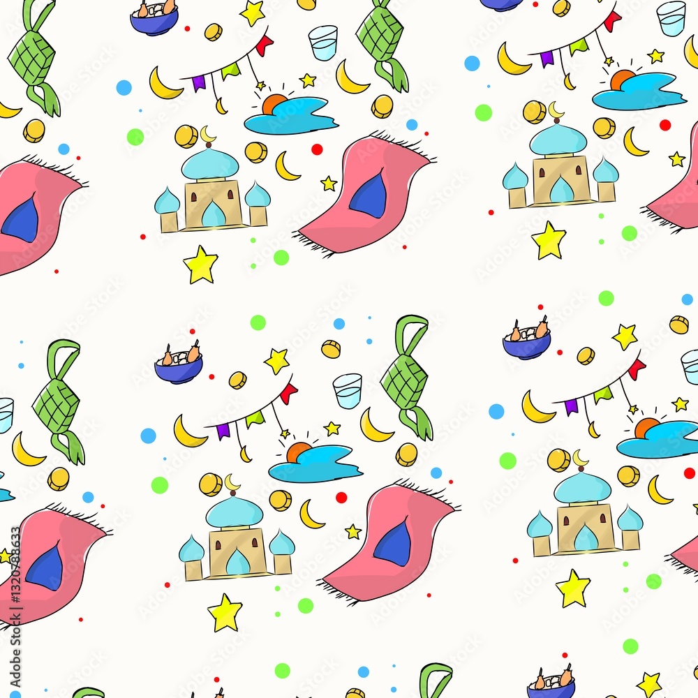 Obraz premium A seamless pattern featuring hand-drawn Ramadan elements like mosques, prayer rugs, ketupat, crescents, stars, and festive decorations on a light background