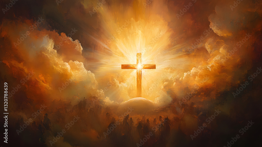 Fototapeta premium A powerful artistic representation of Jesus’ resurrection, showing the empty tomb, a glowing cross, and rays of heavenly light piercing the clouds, symbolizing the victory over death and eternal hope 
