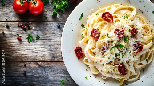 Delicious creamy fettuccine pasta with sun dried tomatoes and fresh herbs on a rustic wooden table