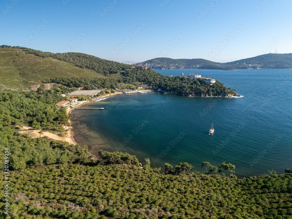 Fototapeta premium Aerial view of Burgazada's coastal landscape.
