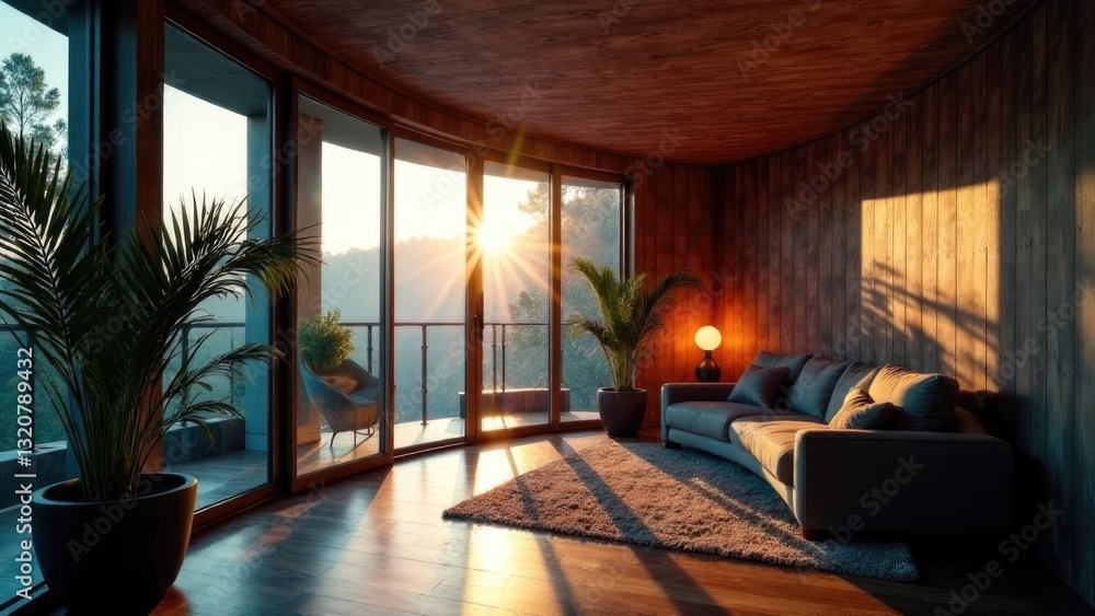 Fototapeta premium A futuristic container house with glass walls, atmospheric lighting inside, the interior of the living room is visible, many details, windows on the walls