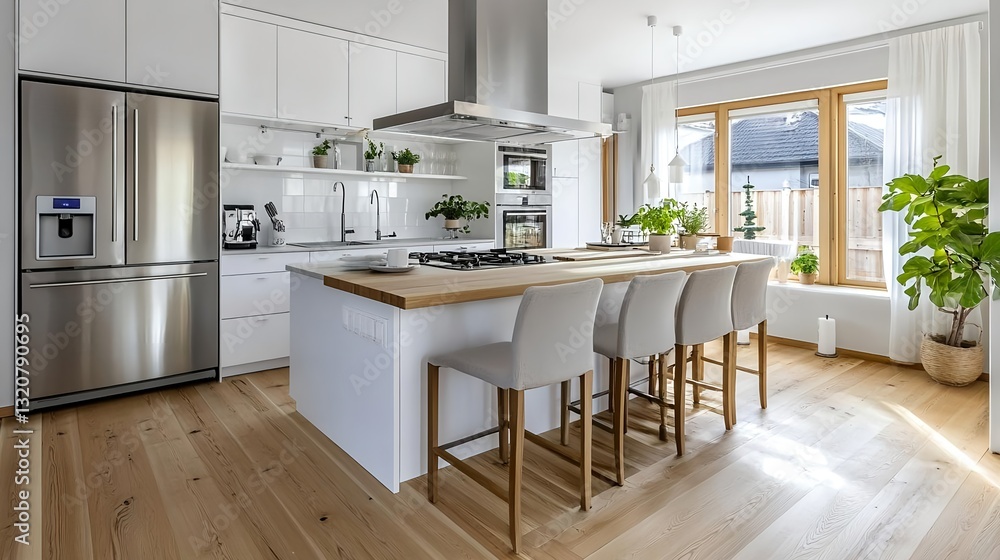 Fototapeta premium Modern White Kitchen Island & Wood Floor - Minimalist design