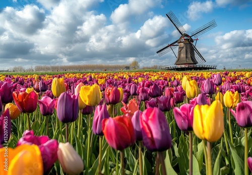 A vibrant field of tulips in full bloom, with the iconic windmill in the background.