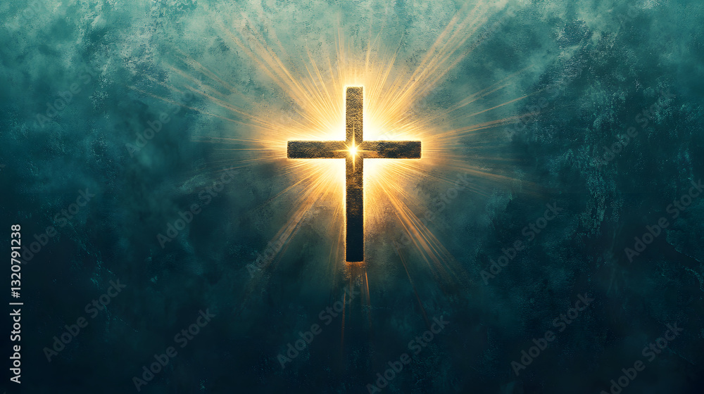 Fototapeta premium A profound symbol of the resurrection of Jesus, with an empty tomb, a shining cross, and rays of light from heaven, signifying the triumph of life over death and the promise of eternal hope for the fa