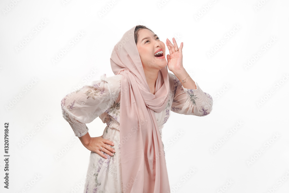 Energetic Asian muslim pregnant woman in hijab doing shout or whispering a secret gesture. Energetic Asian muslim pregnant woman in hijab doing shout or whispering a secret gesture.