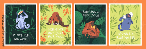 Set of funny greeting card designs with adorable monkey characters. Templates of postcards with cute primates, jungle animals. Layouts with happy orangutan, vervet, lemur. Flat vector illustrations