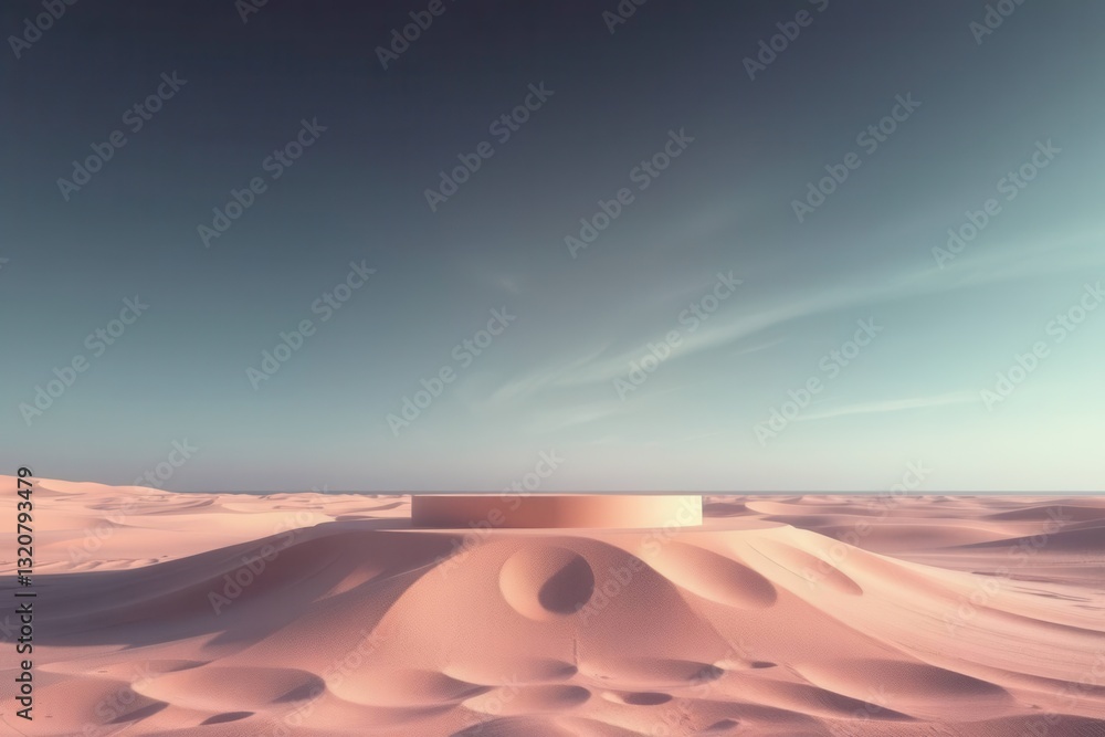 Naklejka premium Minimalist Display Platform on Desert Sand Dune Under a Blue Sky Landscape