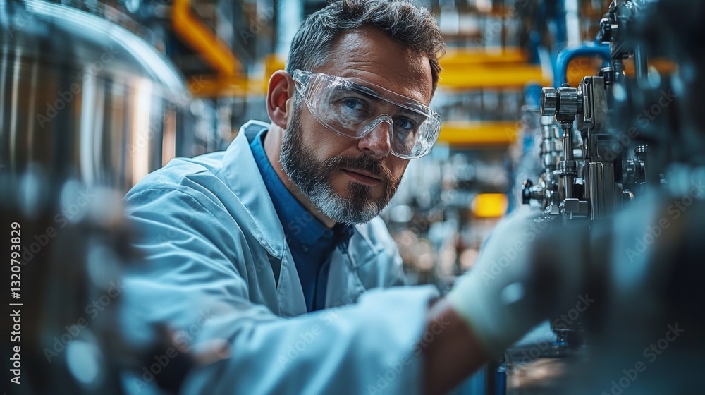 A skilled engineer in a lab coat and safety glasses monitors machinery in a busy petrochemical factory, ensuring efficient processing. The environment is filled with advanced equipment and piping. A skilled engineer in a lab coat and safety glasses monitors machinery in a busy petrochemical factory, ensuring efficient processing. The environment is filled with advanced equipment and piping.