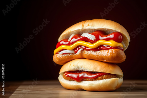 Vibrant stacked hotdog stock-image with mustard, ketchup, and sautéed toppings, showcasing a delicious, colorful, and mouthwatering combination of flavors perfect for a tasty snack or meal.