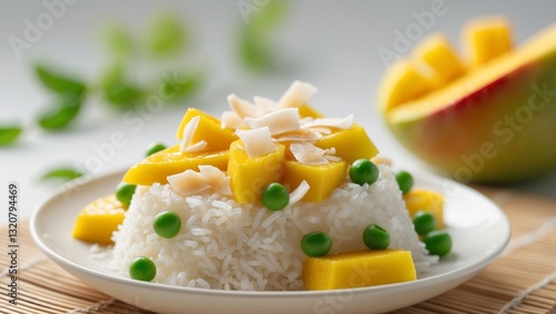 Delicious mango sticky rice with green peas and coconut