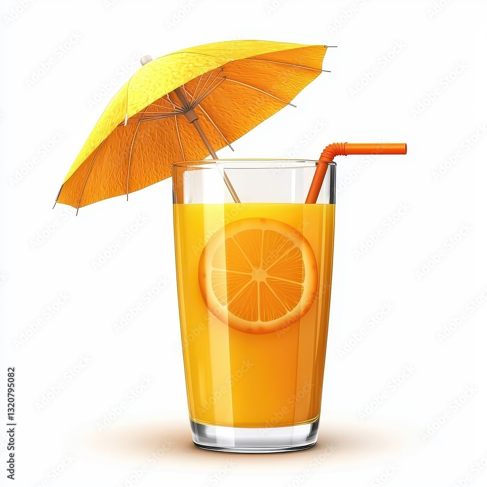 Happy glass of orange juice with a tiny umbrella, isolated on clear white background Happy glass of orange juice with a tiny umbrella, isolated on clear white background