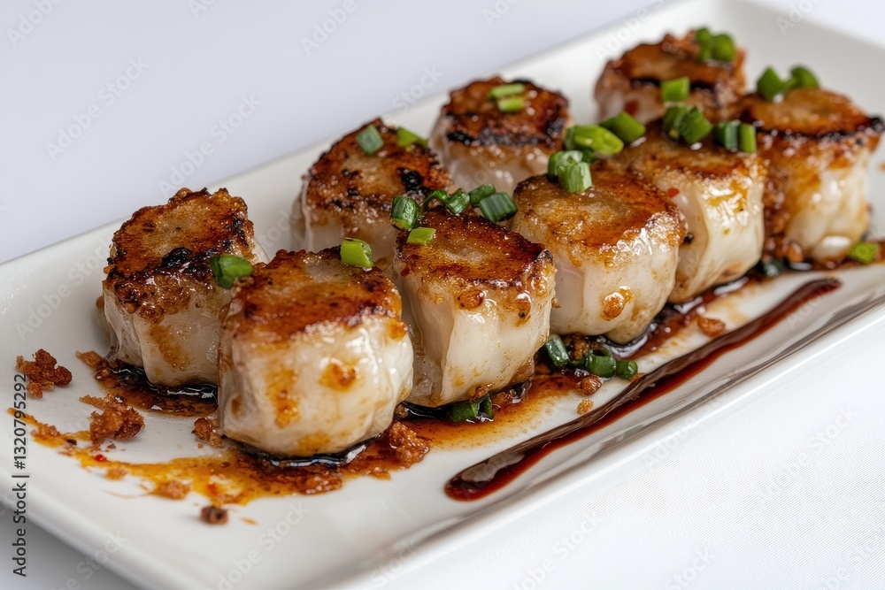 Delicious Seared Scallops Garnished with Green Onions on a White Plate with Sauce Drizzle Delicious Seared Scallops Garnished with Green Onions on a White Plate with Sauce Drizzle