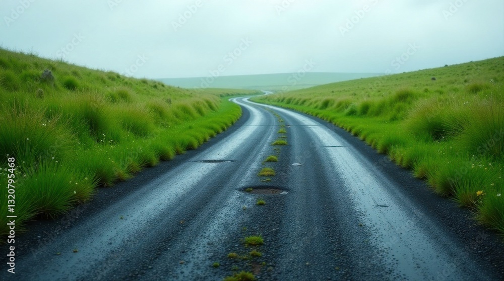 Fototapeta premium A Serene Winding Road Through Lush Green Meadows After a Gentle Rain