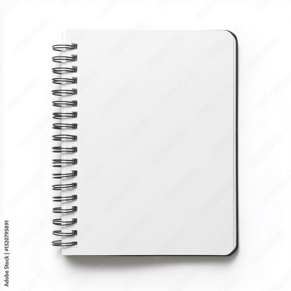 A compact spiral bound notebook with blank white page on white background