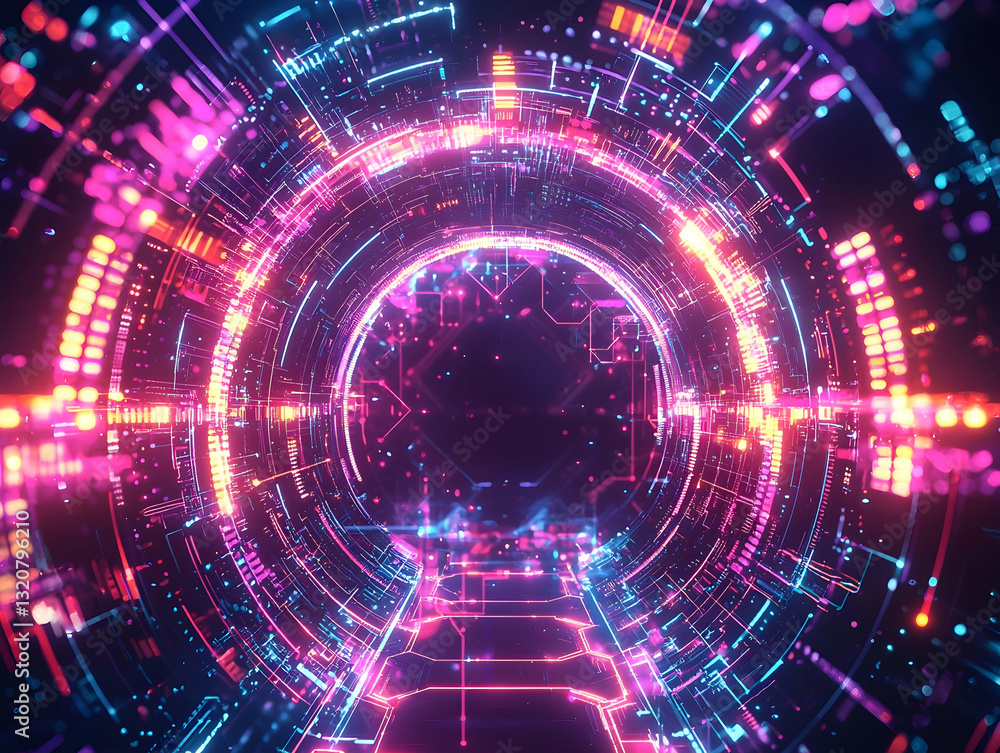 Fototapeta premium Neon lights and geometric patterns in a futuristic tech portal, evoking innovation and advanced design.