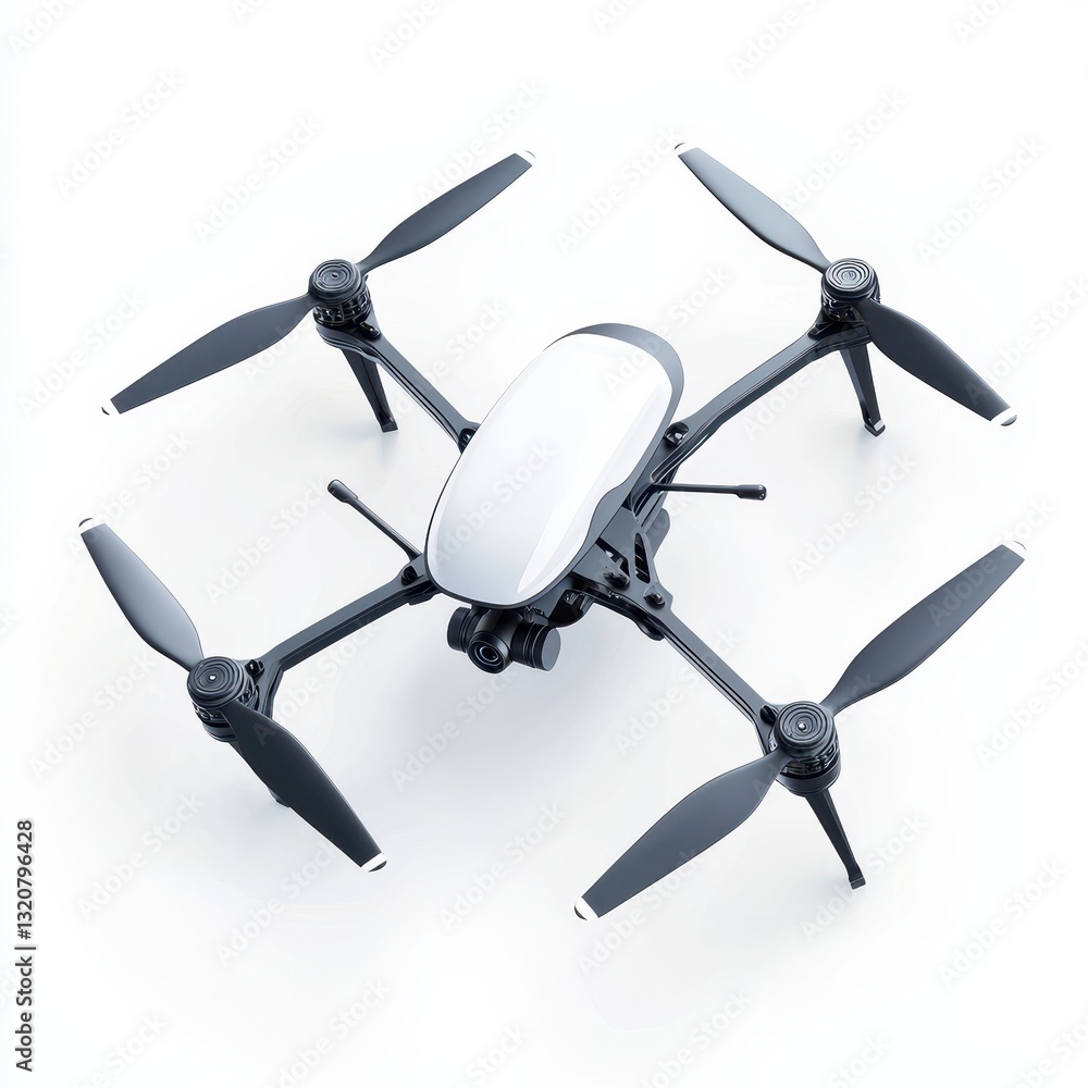Modern drone with extended propellers, isolated on clear white background Modern drone with extended propellers, isolated on clear white background