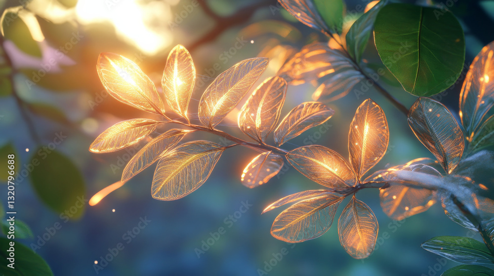 Sunlit, transparent tree leaves glowing with summer freshness