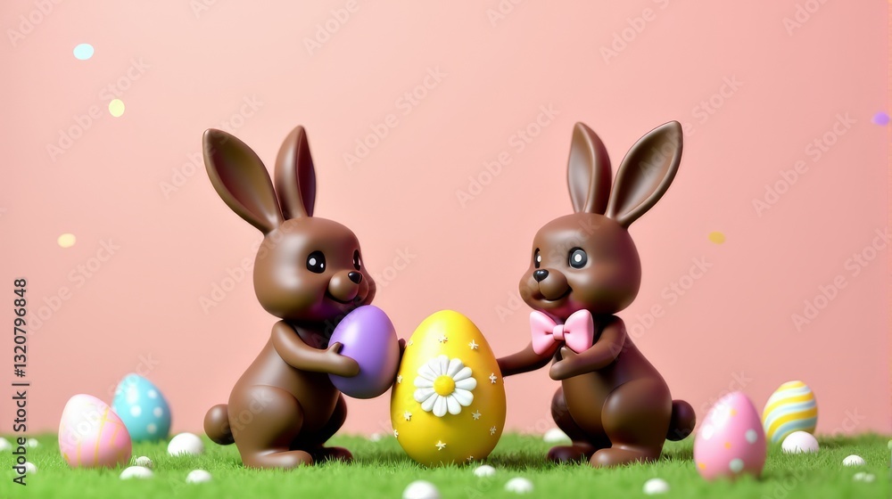 Fototapeta premium Chocolate Bunnies Easter Eggs Playful Holiday